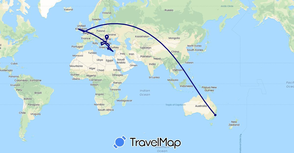 TravelMap itinerary: driving in Albania, Australia, Bulgaria, Cyprus, United Kingdom, Ireland, Montenegro, Romania, Turkey (Asia, Europe, Oceania)